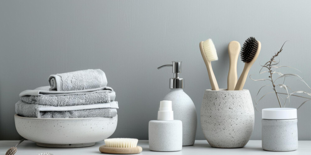 Articoli da bagno minimalisti: asciugamani grigi, spazzole in legno, dispenser e vasi di cemento.