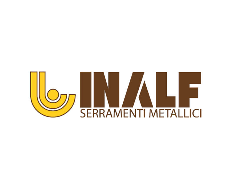 Logo Inalf su sfondo bianco, simbolo giallo a sinistra, testo marrone "INALF SERRAMENTI METALLICI" a destra.