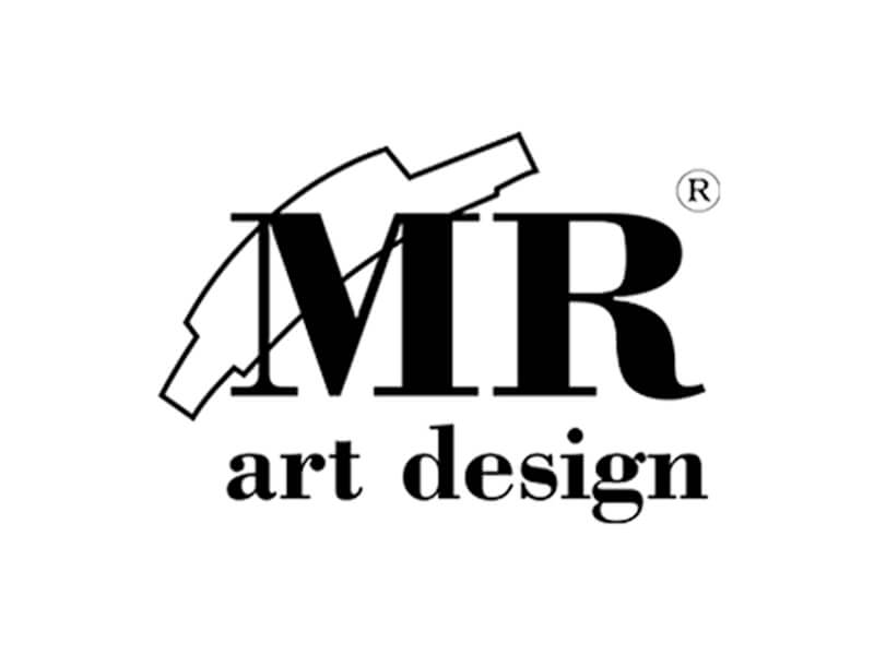 Logo "MR art design" in nero con grafica stilizzata sui caratteri, su sfondo bianco.