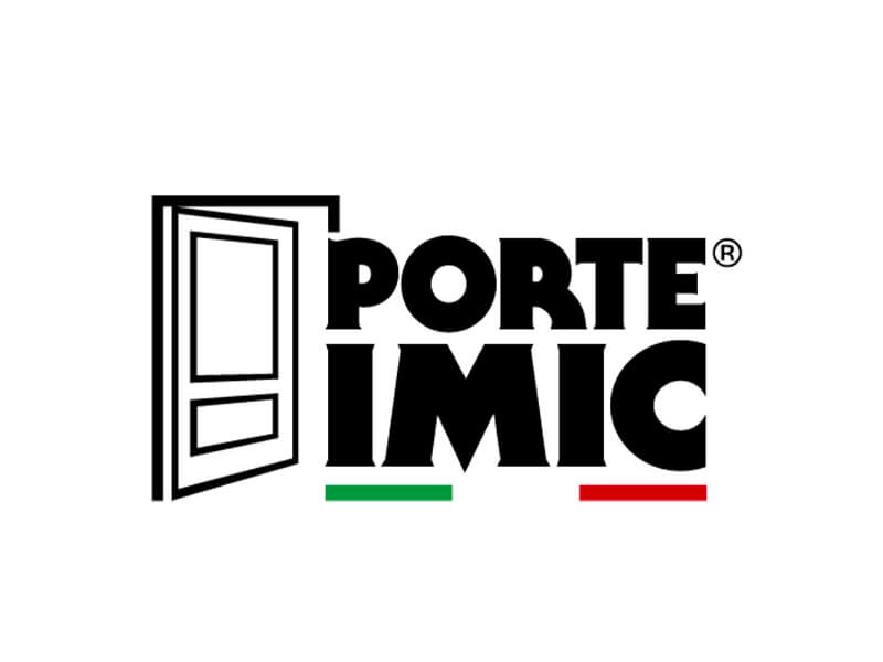 Logo Porte IMIC con silhouette porta aperta e strisce tricolore.
