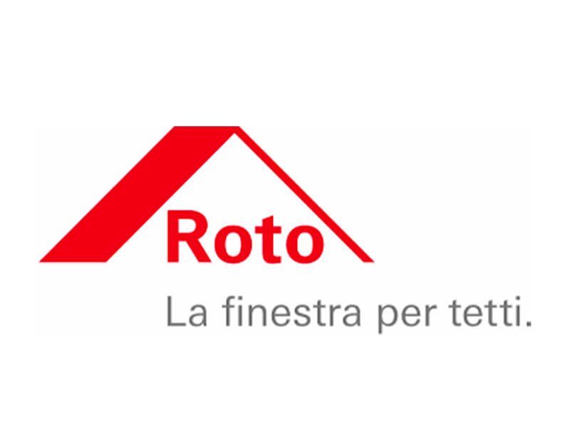 Logo Roto: "Roto" rosso con tetto stilizzato, e "La finestra per tetti" grigio.