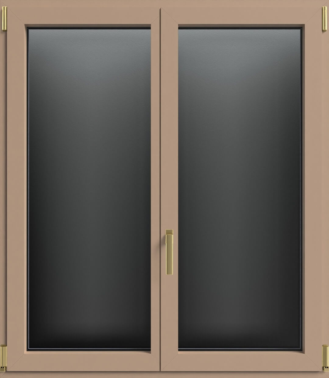 Finestra a due ante con cornice marrone e maniglia dorata, sfondo scuro.