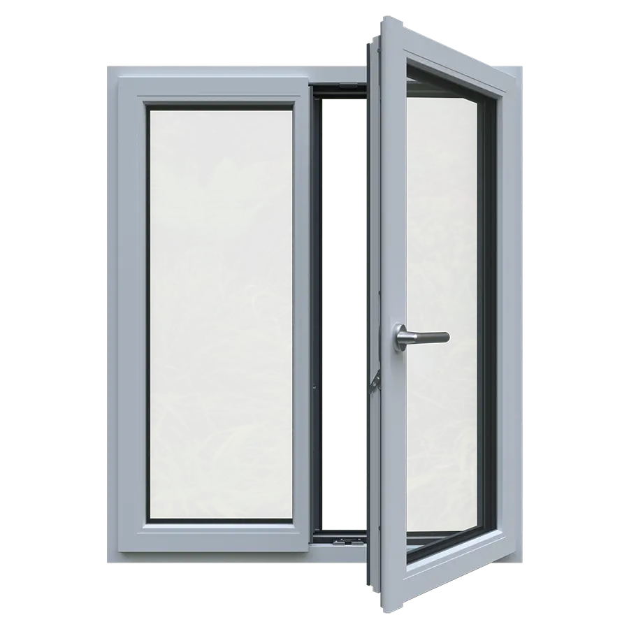 Finestra bianca con un'anta aperta verso l'interno, su sfondo nero.