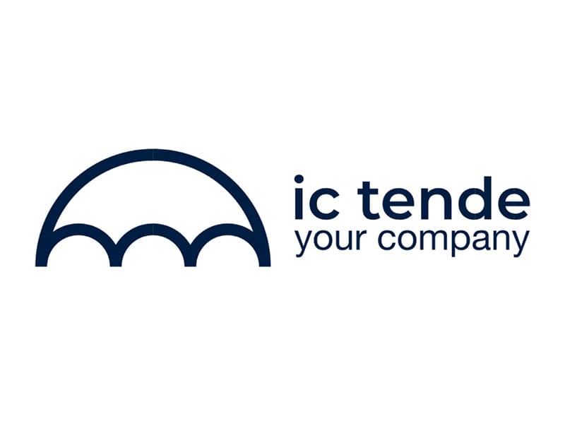 Logo "ic tende your company" con disegno stilizzato di tenda blu scuro.