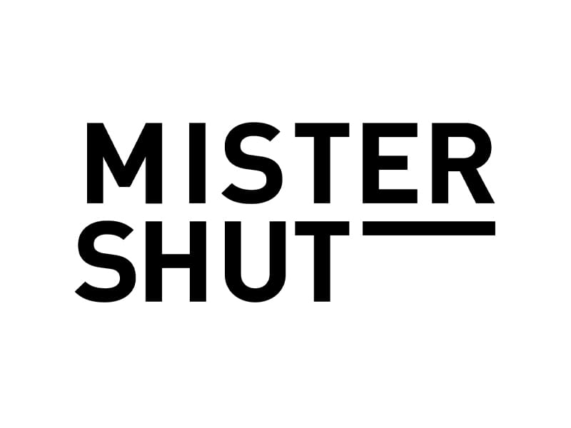 Logo "Mister Shut" in nero su sfondo bianco.