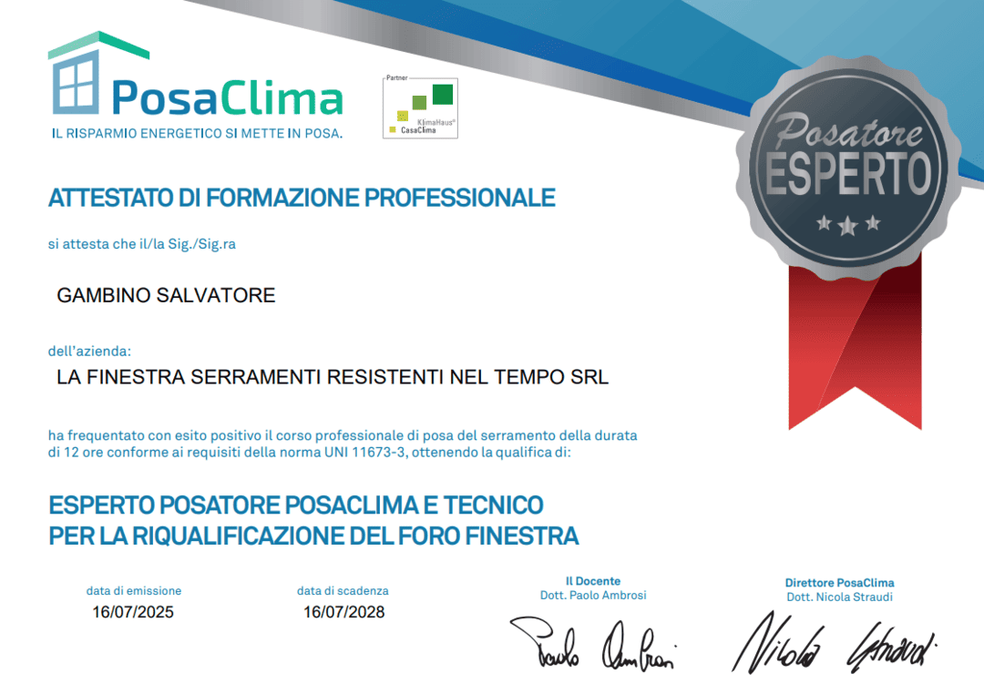 Certificato di formazione professionale "Posatore Esperto" di PosaClima per Gambino Salvatore.