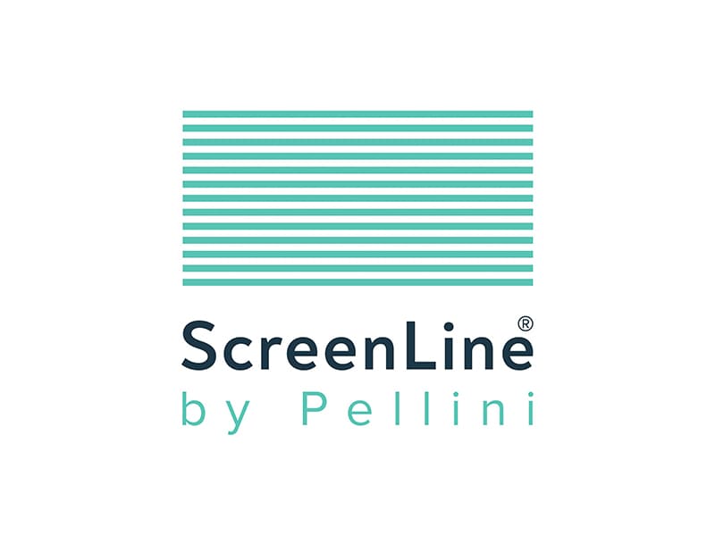 Logo ScreenLine by Pellini: scritta e rettangolo con strisce orizzontali azzurre su sfondo bianco.